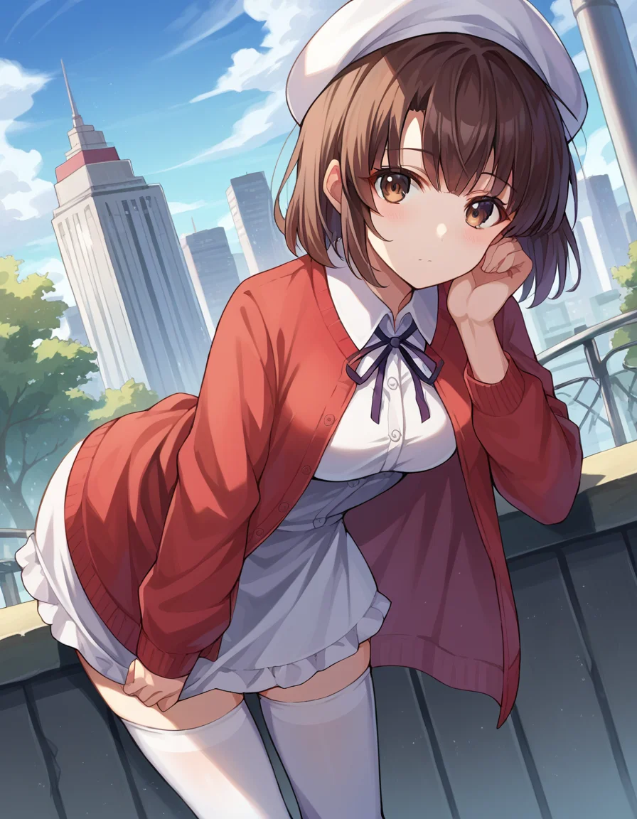 score_9, score_8_up, score_7_up, source_anime,
megumikatou, <lora:megumi-katou-ponyxl-lora-nochekaiser:1>
megumi katou, brown hair, brown eyes,
short hair, hat, jacket, long sleeves, thighhighs, white headwear, white thighhighs, dress, white dress, red jacket, white hat, open cardigan, open clothes,
outdoors, cityscape, bent over,
looking at viewer, dutch angle, cowboy shot,
