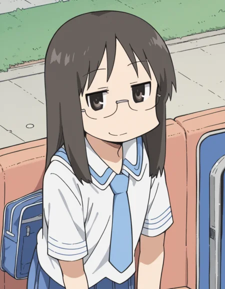 score_9, score_8_up, score_7_up, source_anime, <lora:mai-minakami-s1-ponyxl-lora-nochekaiser:1>, mai minakami, long hair, black hair, glasses, black eyes,, skirt, school uniform, necktie, tokisadame school uniform, bus stop, waiting, commuter, smartphone, checking time, cold morning, , bent over, smug,, looking at viewer, solo,, dutch angle, cowboy shot