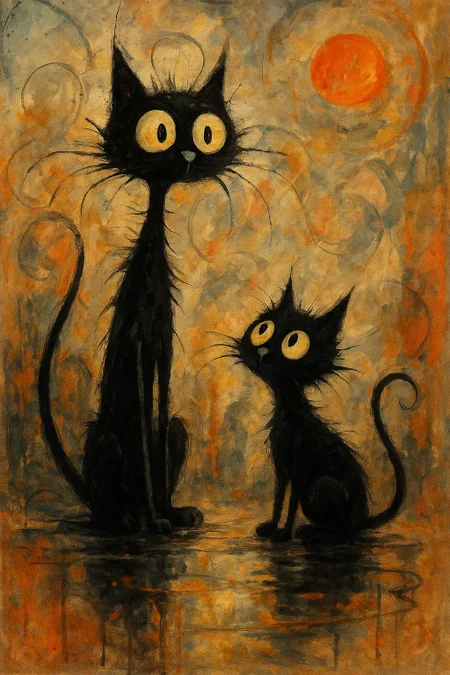 Surreal, abstract painting featuring two black cats with exaggerated, whimsical features. The larger cat stands upright on two legs, with a tall, slender body and a large, round head with wide, expressive eyes. The smaller cat sits on all fours, looking up at the larger cat. Both cats have spiky, unkempt fur and long, thin tails. The background is a mix of earthy tones, with splashes of orange, brown, and gray, creating a textured, dreamlike atmosphere. A bright orange sun or moon is visible in the upper right corner, casting a warm glow. The ground beneath the cats is reflective, suggesting a wet surface or puddle. The overall style is loose and painterly, with visible brushstrokes and drips adding to the abstract feel.