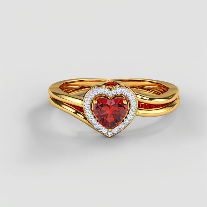 ring, heart shape red crystals on top, golden,reflection<lora:diamond:1>