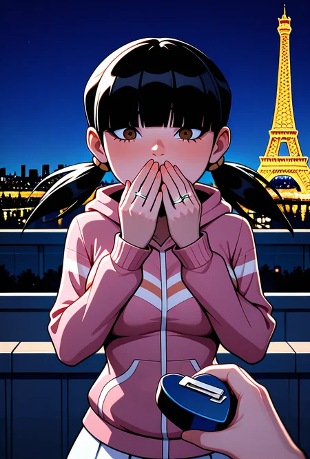 <lora:julieov:1>, julieov, black hair, twintails, 1girl, breasts, low twintails, pink hoodie, blunt bangs, hair ornament, jacket, long sleeves, brown eyes, lips, hair over eyes,, white skirts, expressive, wide face, visible eyes, embrassed, hands covering mouth, shocked, pov, wedding ring, pov holding wedding ring, wedding ring box, France, Eiffel tower, night time Paris,  romantic, rooftop,, masterpiece, best quality, amazing quality, very aesthetic, absurdres, newest,
