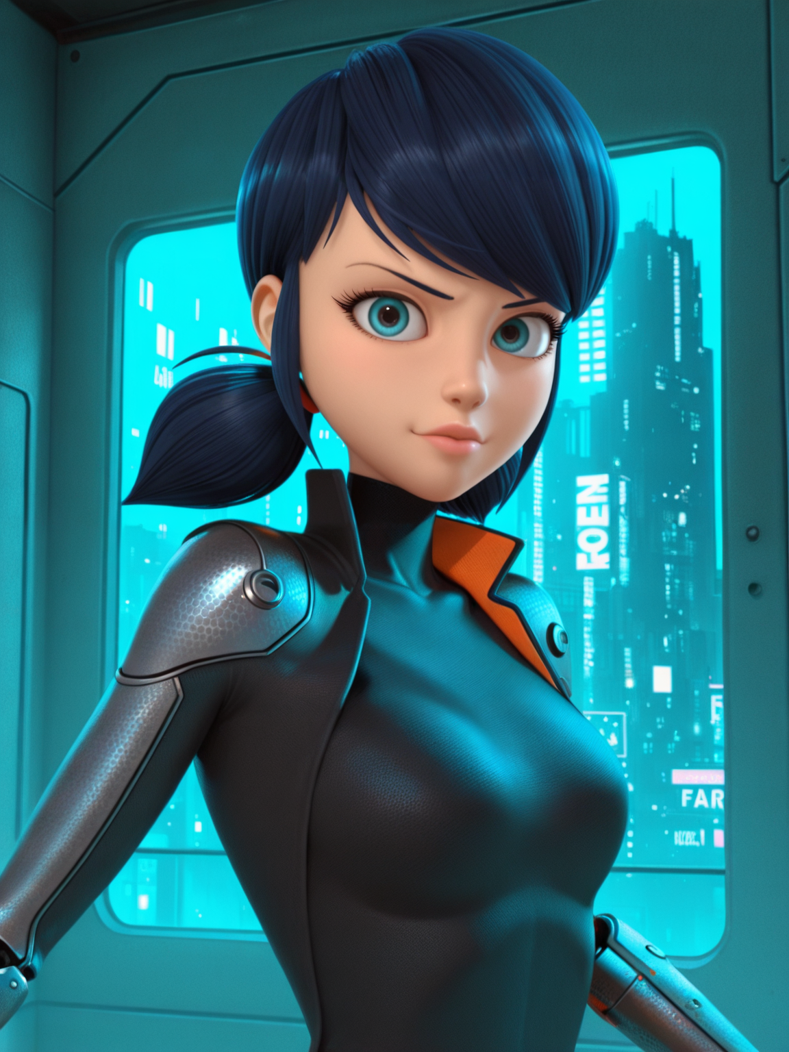 <lora:LedybugIL:0.9>  l_b, 1girl, fair skin,  black hair, shoulder-length hair with pigtails, light pink lips, blue eyes,
looking at viewer, cyberpunk, augmentations, prosthetic, metal arm,difficult background, at night, dynamic pose,