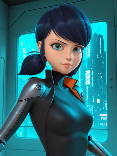 <lora:LedybugIL:0.9>  l_b, 1girl, fair skin,  black hair, shoulder-length hair with pigtails, light pink lips, blue eyes,
looking at viewer, cyberpunk, augmentations, prosthetic, metal arm,difficult background, at night, dynamic pose,