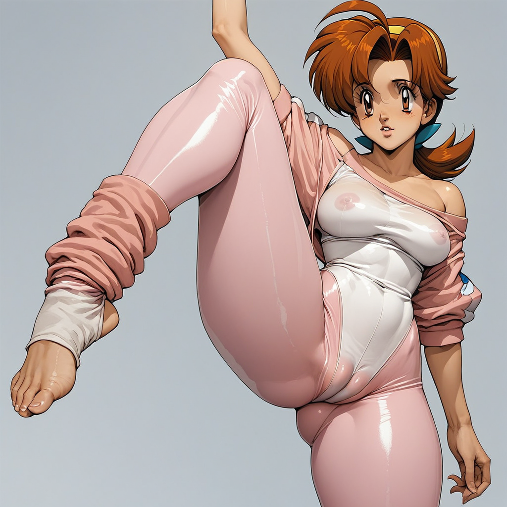 anime artwork, score_9, score_8_up, score_7_up, score_6_up, score_5_up, solo, source_pokemon, delia ketchum, BREAK, MILF, large breasts, 25 year old female, delia ketchum\(Pokemon\), 1woman, (brown hair), brown eyes, shiny skin, perfect beautiful face, long eyelashes, sharp eyes pupils, full lips, parted lips, nice thighs, round ass, nervous expression, shiny skin, naughty face,  dutch angle, front facing, Standing split, brown hair, yellow hairband, brown eyes, retro_workoutwear, 1980s_(style), aerobics, leg_warmers, stirrup_legwear, neon, leggings, shiny_leotard, neon_pink, crop_top, off_shoulder, tented_shirt, cameltoe, skintight, see-through, standing, sexy pose, simple background