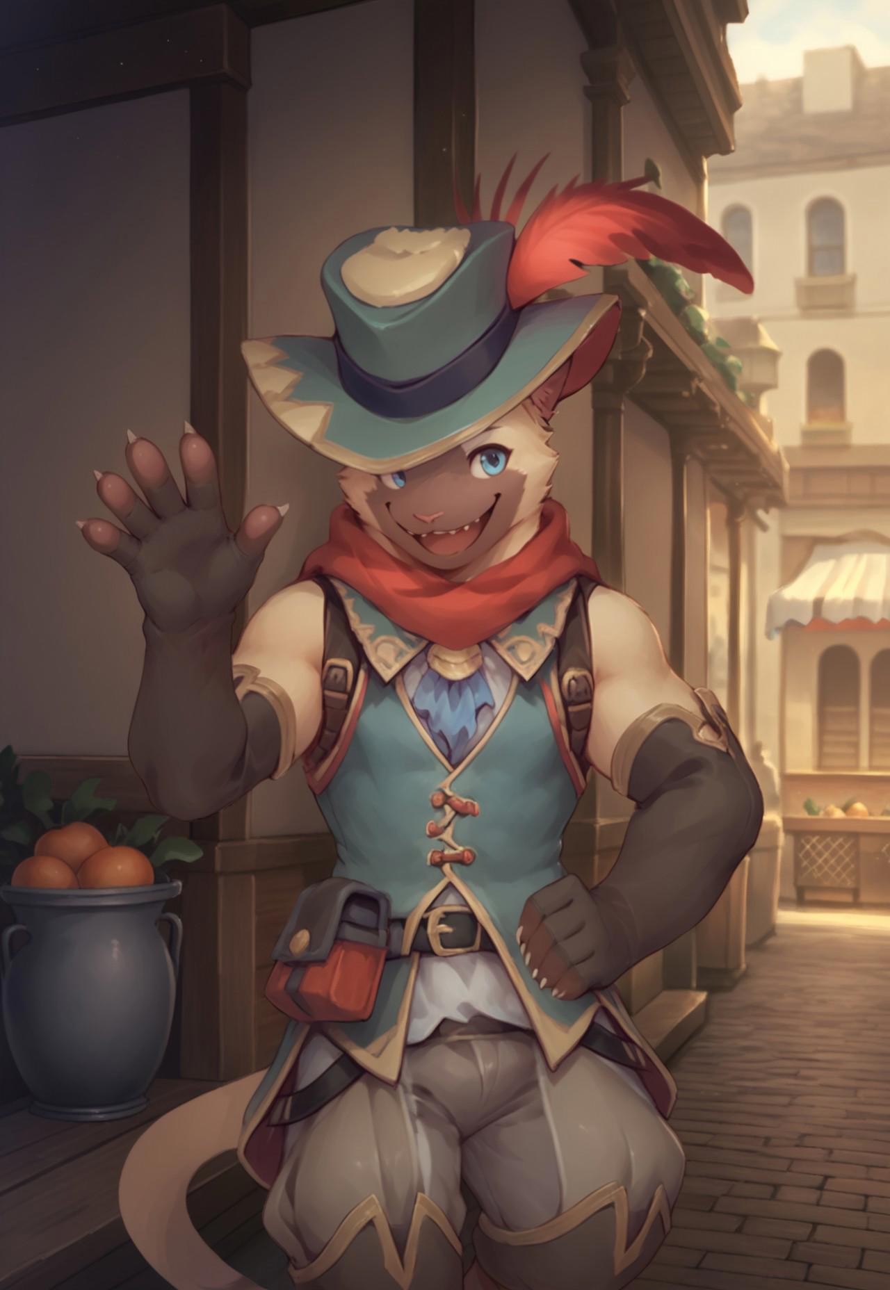 score_9, score_8_up, score_7_up, source_anime, furry, 1boy, solo, cyrus, cat boy, blue eyes, tail, pants, vest, hat feather, pounch, belt, elbow gloves, waving hi, smile, open mouth, looking at viewer, in market, outdoors, night time, people, crowd, vegetable, fruits