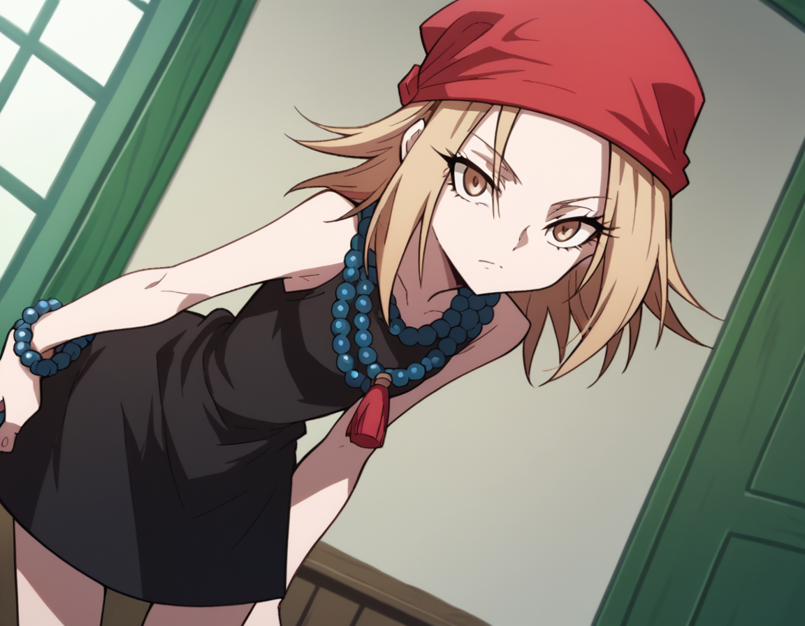 score_9, score_8_up, score_7_up, source_anime,
annakyouyama, <lora:anna-kyouyama-2021-s1-ponyxl-lora-nochekaiser:1>,
anna kyouyama, blonde hair, short hair, brown eyes,
bandana, beads, black dress, dress, prayer beads,
indoors, bent over,
looking at viewer, cowboy shot, solo, dutch angle