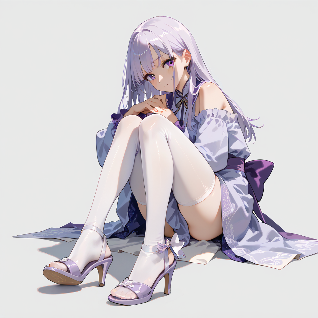 score_9, score_8_up, anime source, simple background, 
1girl, solo, 
toelessfootwear, feet, purple sandals, white legwear, high heels,
<lora:toeless_footwear_pony_v1:0.5>