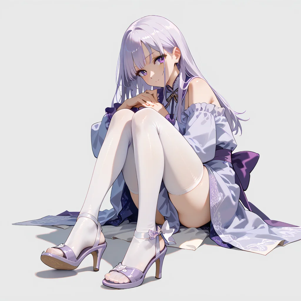 score_9, score_8_up, anime source, simple background, 
1girl, solo, 
toelessfootwear, feet, purple sandals, white legwear, high heels,
<lora:toeless_footwear_pony_v1:0.5>