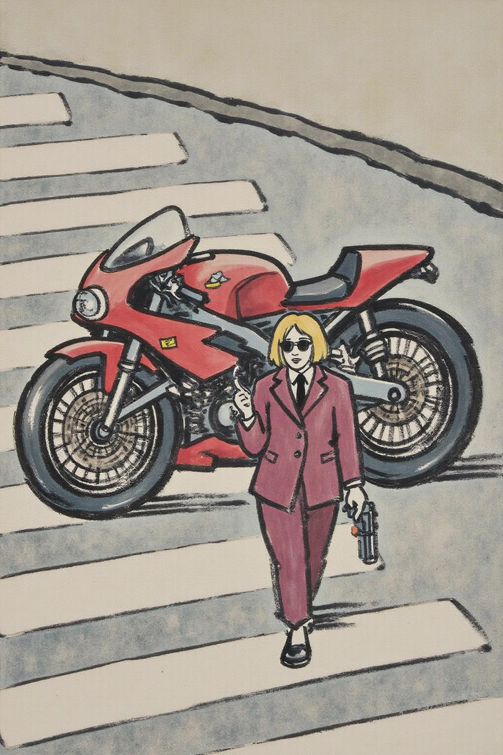 fzk1 ink painting. Overhead shot of an Blonde woman walking away from a futuristic motorcycle parked at a zebra crossing. The woman has bob hair, is smoking. She wear a red business suit, white shirt, black tie, and sunglasses. She holds a gun with a confident grip. The motorcycle itself is red, sleek and metallic, with intricate designs and a futuristic vibe  <lora:fzk2_nocap_d6a3:1.0><lora:815027215009040707:0>