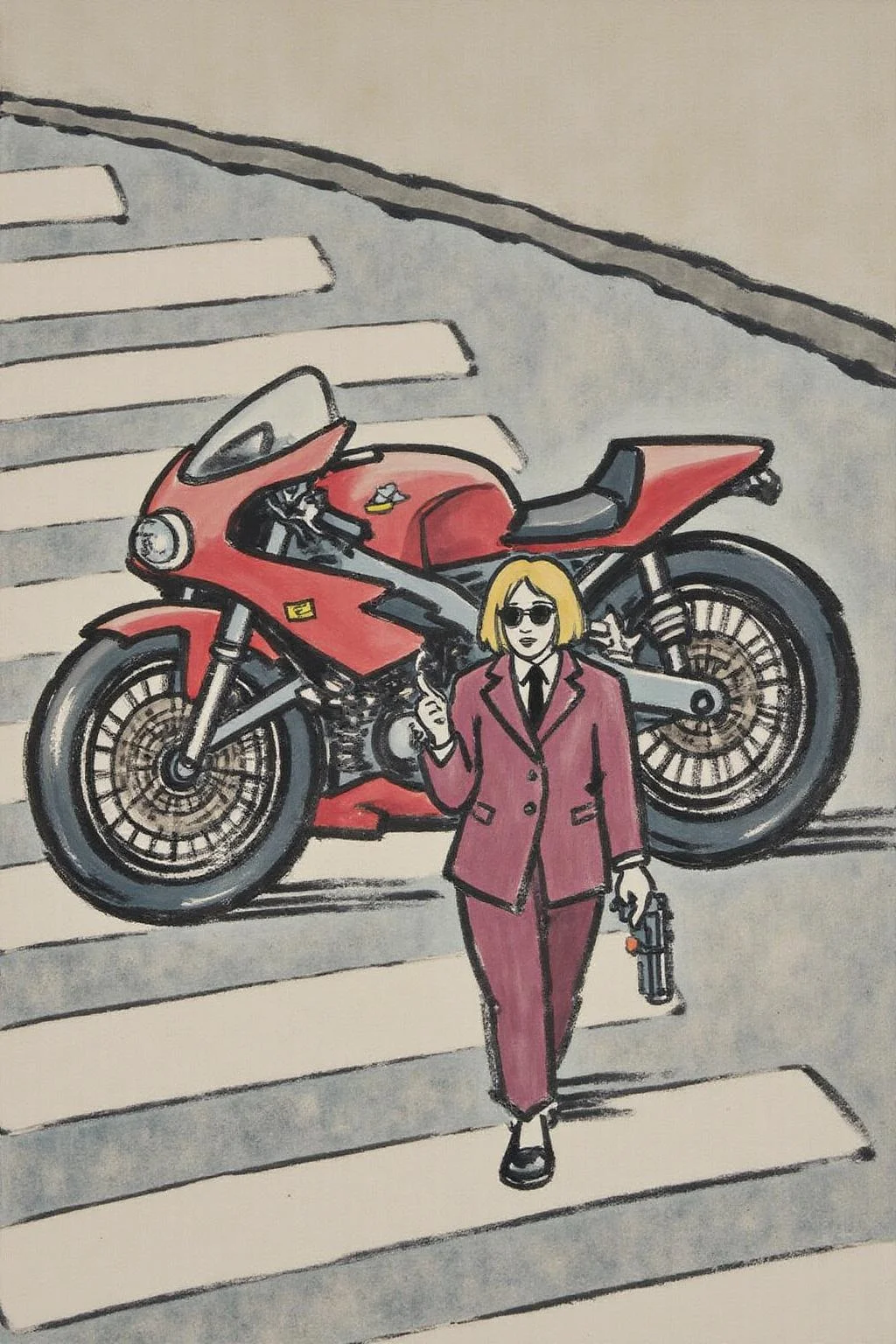 fzk1 ink painting. Overhead shot of an Blonde woman walking away from a futuristic motorcycle parked at a zebra crossing. The woman has bob hair, is smoking. She wear a red business suit, white shirt, black tie, and sunglasses. She holds a gun with a confident grip. The motorcycle itself is red, sleek and metallic, with intricate designs and a futuristic vibe <lora:fzk2_nocap_d6a3:1.0><lora:815027215009040707:0>