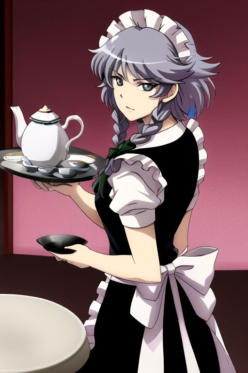 izayoi sakuya, 1girl, apron, balcony, black dress, braid, chair, cup, dress, grey eyes, grey hair, hair ribbon, looking back, maid, ribbon, saucer, solo, table, tea set, teacup, teapot, tray, twin braids, 
masterpiece, best quality, very aesthetic, absurdres, pixiv, anime coloring