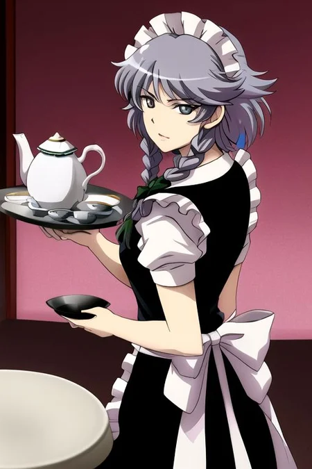 izayoi sakuya, 1girl, apron, balcony, black dress, braid, chair, cup, dress, grey eyes, grey hair, hair ribbon, looking back, maid, ribbon, saucer, solo, table, tea set, teacup, teapot, tray, twin braids,
masterpiece, best quality, very aesthetic, absurdres, pixiv, anime coloring