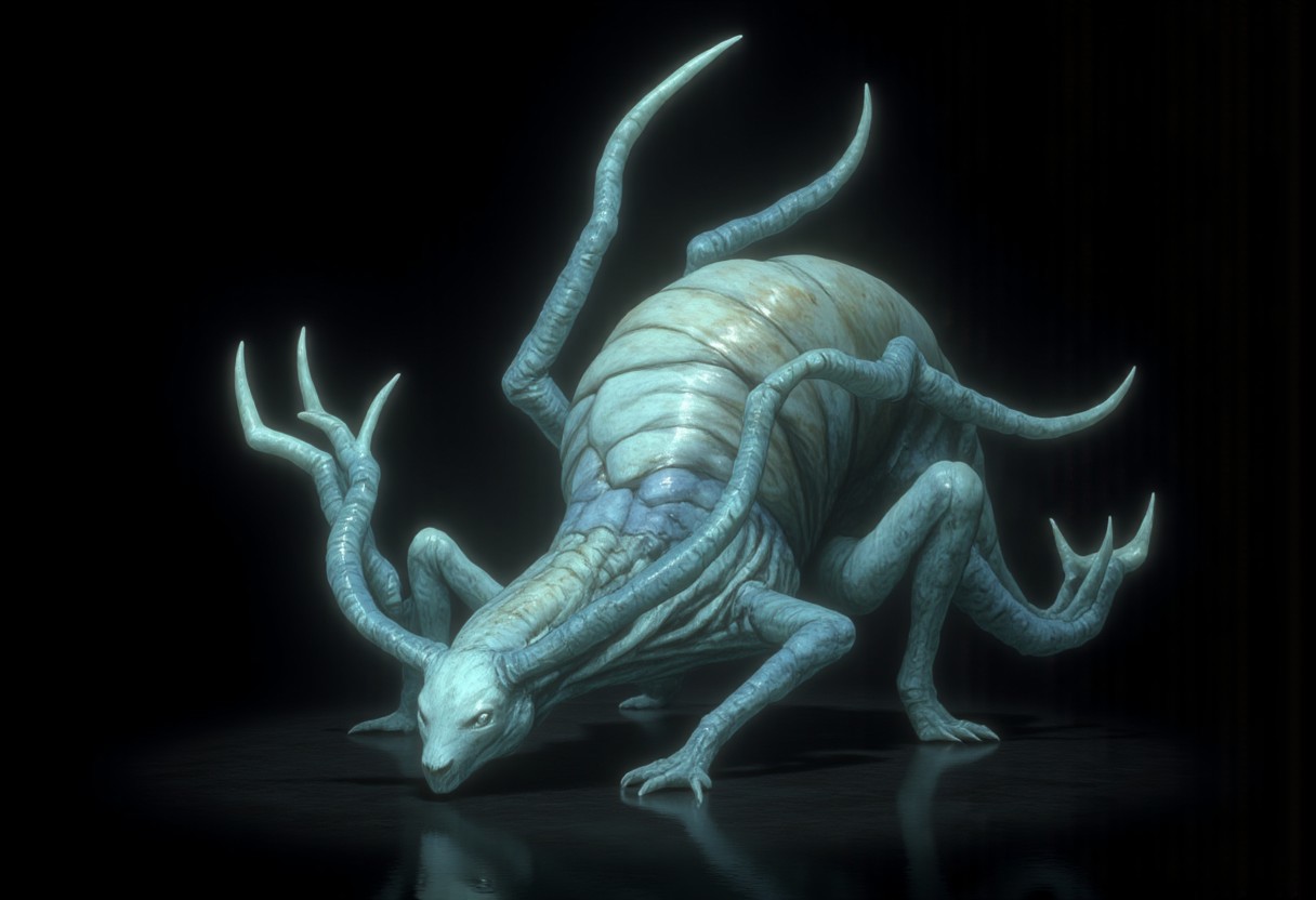 This creature presents a fusion of snake human head and snail features. Its core design revolves around a serpentine body integrated with a shell. the creature appears ethereal and luminous, with a pearl-like, almost celestial shell and a pale, ghostly body. 
Set against a solid dark black color background to emphasize its unsettling unnatural form that emphasizes its silhouette. The medium is not a traditional painting or illustrative medium like watercolor or ink but rather a digital 3D rendering.
MikeFranchinastyle, d4artstyle, d4concept, , bbstyle,, horror theme,, zbrush, ZBClay model of a gray sculpture, 1990's, 1990's style