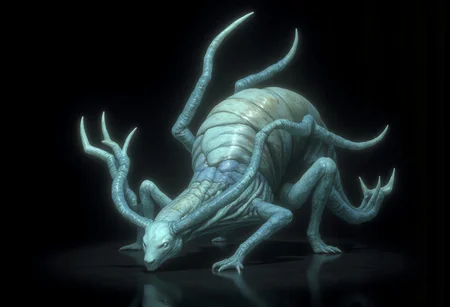 This creature presents a fusion of snake human head and snail features. Its core design revolves around a serpentine body integrated with a shell. the creature appears ethereal and luminous, with a pearl-like, almost celestial shell and a pale, ghostly body.
Set against a solid dark black color background to emphasize its unsettling unnatural form that emphasizes its silhouette. The medium is not a traditional painting or illustrative medium like watercolor or ink but rather a digital 3D rendering.
MikeFranchinastyle, d4artstyle, d4concept, , bbstyle,, horror theme,, zbrush, ZBClay model of a gray sculpture, 1990's, 1990's style