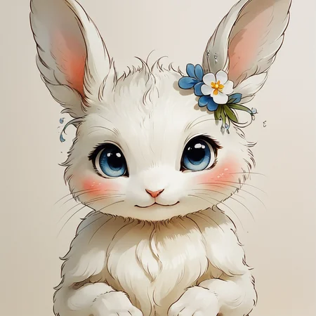 Score_9, score_8_up, score_7_up, score_6_up, BREAK <lora:Delicate_WhimsyPony:1> ArsMJStyle, Delicate Whimsy, The image shows a drawing of a white rabbit with blue eyes and a flower in its hair set against a white background., no humans, blush, simple background, looking at viewer, blue eyes, flower, traditional media, animal focus, solo, closed mouth