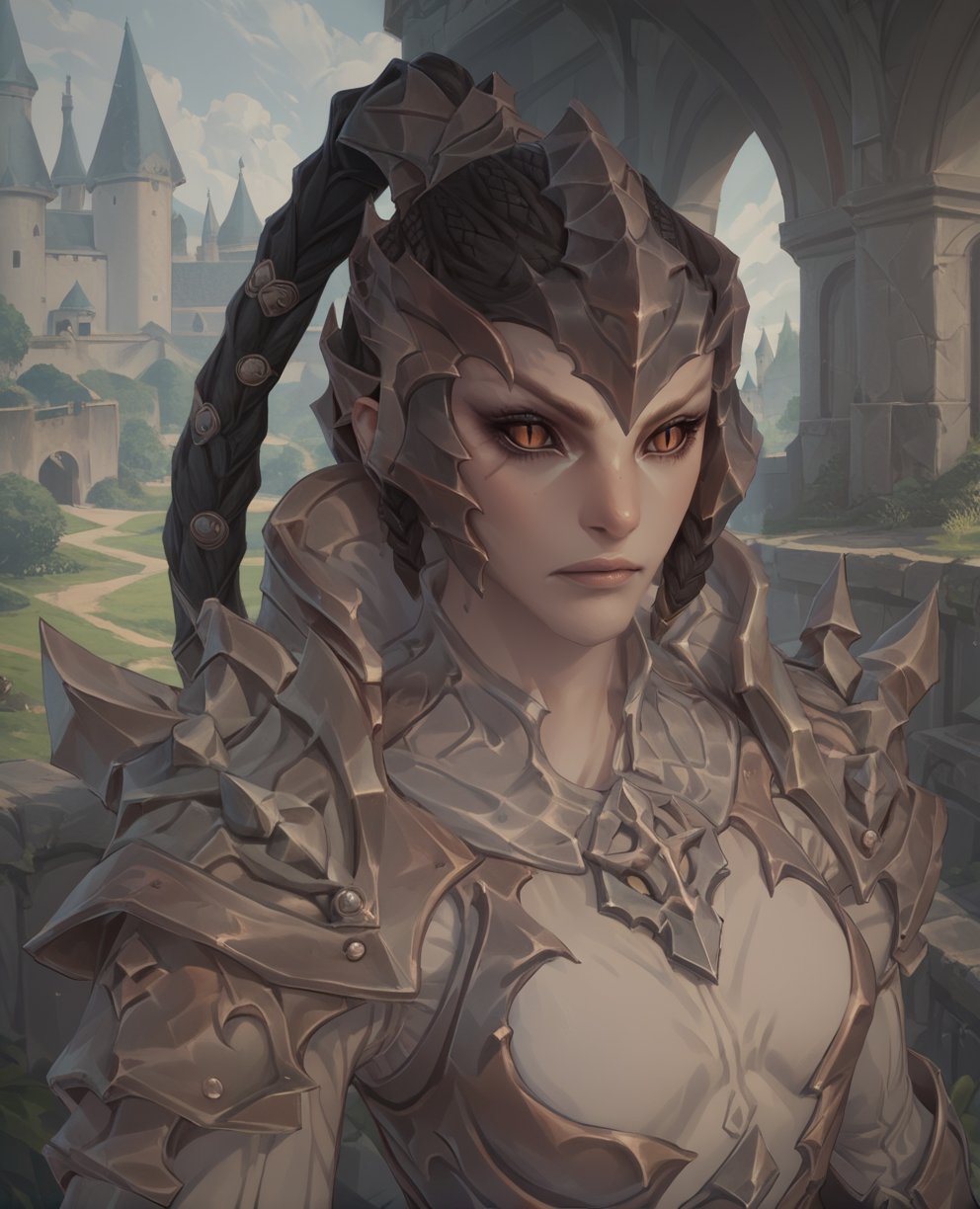 score_9,score_8_up,score_7_up,score_6_up,score_5_up,score_4_up,
FemAman,brown eyes,slit pupils,black hair,ponytail,
short hair,ponytail,or braids, looking at viewer, 
scales,armor,
standing,upper body,
castle,outdoors,
<lora:FemAman:1>,