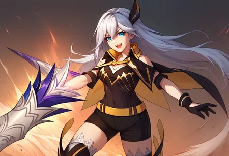 score_9, score_8_up, score_7_up, source_anime, good anatomy, solo, 1girl, CeciliaSchariac, blue eyes, long hair, white hair, hair ornament, bare shoulders, black and yellow collar, raised collar, black and yellow capelet, black shirt with gold trim, yellow belt, black shorts, short shorts, thigh boots, black gloves, standing, smiling, open mouth, fighting stance, lance