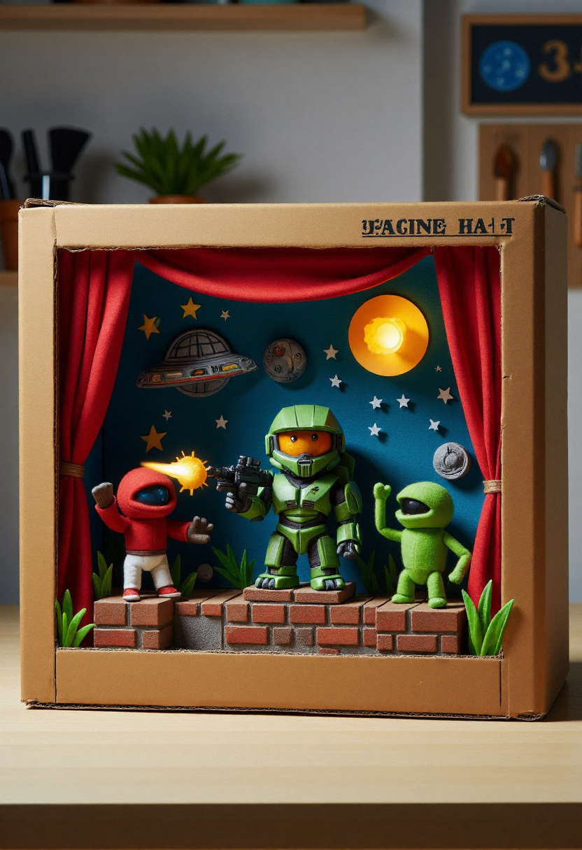 <lora:Finger_Puppet_Theater_FLUX-000013:0.9>
The image is a photograph of a whimsical, handcrafted diorama with a cardboard box set up as a stage,  featuring  Master Chief shooting at aliens in space