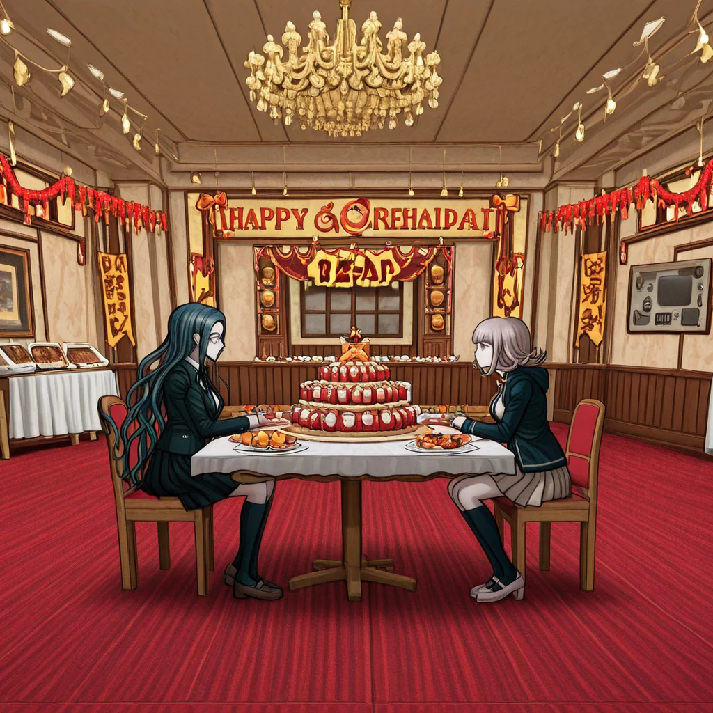 masterpiece, best quality, absurdres, <lora:Danganronpa_Locations:1>, danganronpa sprite style, danganronpa_sprite_style , <lora:Chiaki_Nanami_Illustrious:0.2>,2girls, side-by-side , BREAK,danganronpa_(series), danganronpa_2:_goodbye_despair, nanami_chiaki,1girl, breasts, brown_hair, collared_shirt, flipped_hair, hair_ornament,hood, jacket, long_sleeves, medium_hair, neck_ribbon, open_clothes, open_jacket, pink_eyes, pink_ribbon, pleated_skirt, ribbon, shirt, skirt, solo, spaceship_hair_ornament, thighhighs, white_shirt, shoes, pink_shoes, BREAK,danganronpa_(series), danganronpa_v3:_killing_harmony, shirogane_tsumugi, 1girl, black_jacket,blue_corset, blue_hair, bow, bowtie, breasts, collared_jacket, corset,glasses, jacket, kneehighs, long_hair, long_skirt, long_sleeves, orange_bow, orange_bowtie, orange_ribbon, pleated_skirt, ribbon,shirt, skirt, socks, very_long_hair, wavy_hair, white_shirt, socks, shoes, brown_shoes, blue_socks , indoor,banquet,buffet,ceiling_fan,chandelier,decorations,food_on_table,striped_carpet,air_conditioner,red_carpet,fruit,desserts,lighting,event_hall,party_setting,red_decorations,ceiling_decorations,food_display,catering,celebration,danganronpa,danganronpa_(series),danganronpa_2:_goodbye_despair,danganronpa 2,danganronpa sprite style,danganronpa_sprite_style