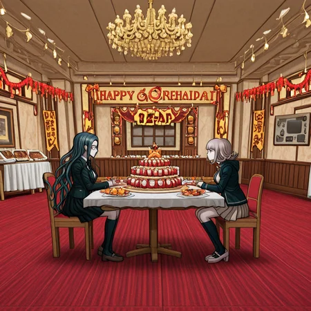 masterpiece, best quality, absurdres, <lora:Danganronpa_Locations:1>, danganronpa sprite style, danganronpa_sprite_style , <lora:Chiaki_Nanami_Illustrious:0.2>,2girls, side-by-side , BREAK,danganronpa_(series), danganronpa_2:_goodbye_despair, nanami_chiaki,1girl, breasts, brown_hair, collared_shirt, flipped_hair, hair_ornament,hood, jacket, long_sleeves, medium_hair, neck_ribbon, open_clothes, open_jacket, pink_eyes, pink_ribbon, pleated_skirt, ribbon, shirt, skirt, solo, spaceship_hair_ornament, thighhighs, white_shirt, shoes, pink_shoes, BREAK,danganronpa_(series), danganronpa_v3:_killing_harmony, shirogane_tsumugi, 1girl, black_jacket,blue_corset, blue_hair, bow, bowtie, breasts, collared_jacket, corset,glasses, jacket, kneehighs, long_hair, long_skirt, long_sleeves, orange_bow, orange_bowtie, orange_ribbon, pleated_skirt, ribbon,shirt, skirt, socks, very_long_hair, wavy_hair, white_shirt, socks, shoes, brown_shoes, blue_socks , indoor,banquet,buffet,ceiling_fan,chandelier,decorations,food_on_table,striped_carpet,air_conditioner,red_carpet,fruit,desserts,lighting,event_hall,party_setting,red_decorations,ceiling_decorations,food_display,catering,celebration,danganronpa,danganronpa_(series),danganronpa_2:_goodbye_despair,danganronpa 2,danganronpa sprite style,danganronpa_sprite_style