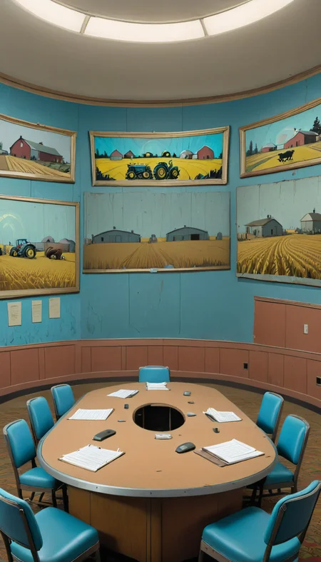 <lora:Everly_Heights_Backgrounds_New_Settings:1> An old dusty boarded-up conference room with a large oval table surrounded by blue chairs. The walls are adorned with faded paintings of farmers with torches terrorizing the town theater. Abandoned room, lost to time.