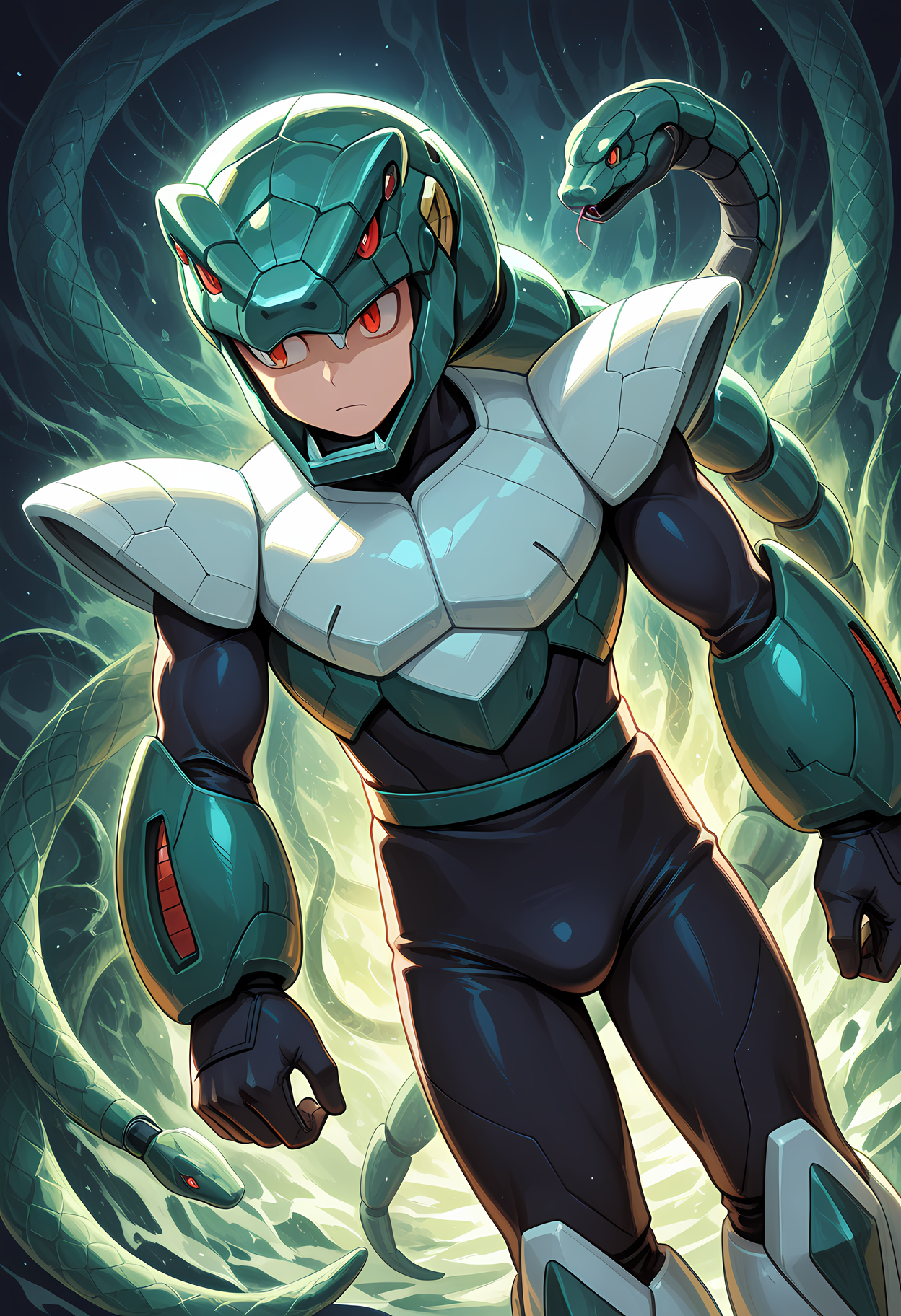 masterpiece, best quality, amazing quality, dutch angle, abstract background, BREAK
solo, male, 1boy, mm3_snake, snake helmet, red eyes, android, armor, BREAK
<lora:cfg_scale_boost:.6>  <lora:Snake_Man_-_Megaman_3_-_ILXL:1>
