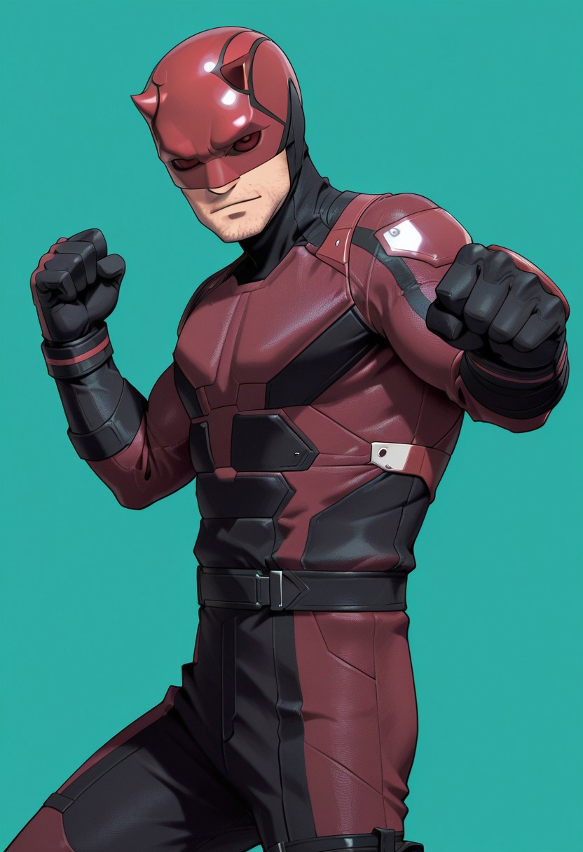 Green background, simple background, solid color background, 2d, 1boy, solo, Marvel, DD, mask, stubble, facial hair, helmet, red eyes, no pupils, red sclera, red bodysuit, black trim, upper body, hands up, fists, fight stance, looking at viewer, side view, cowboy shot, legs,