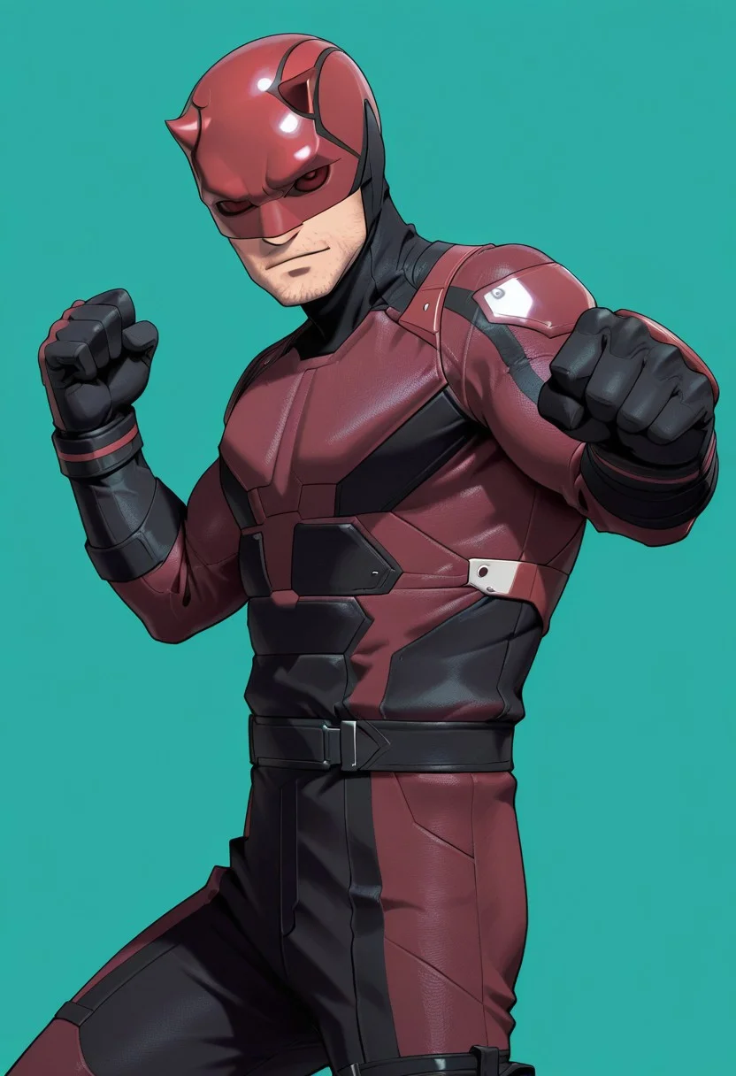 Green background, simple background, solid color background, 2d, 1boy, solo, Marvel, DD, mask, stubble, facial hair, helmet, red eyes, no pupils, red sclera, red bodysuit, black trim, upper body, hands up, fists, fight stance, looking at viewer, side view, cowboy shot, legs,