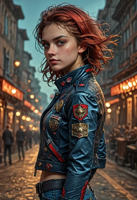 1girl, side view, she is Nausica of the Valley of the Wind, solo, masterpiece, absurdres, best quality, (colorful), cinematic lighting, realistic, dynamic pose, extremely detailed, head turned to look at viewer, red hair, beautiful detailed face,(intricate detailed blue short military jacket with gold inlaid, cleavage,extremely short miniskirt, military black boots), stands alone on the middle of a street with lampposts and burning fires in the background, solo, masterpiece, absurdres, dynamic pose, the Sun shines over her, sun rays in her hair,subsurface scattering, remarkable color, ultra realistic, textured skin, remarkable detailed pupils, realistic dull skin noise, visible skin detail, skin fuzz, dry skin, bokeh, sharp focus on subject. no headgear,extremely detailed, looking at viewer, beautiful detailed face, subsurface scattering, remarkable color, ultra realistic, textured skin, realistic dull skin noise, visible skin detail, skin fuzz, dry skin, bokeh, sharp focus on subject.