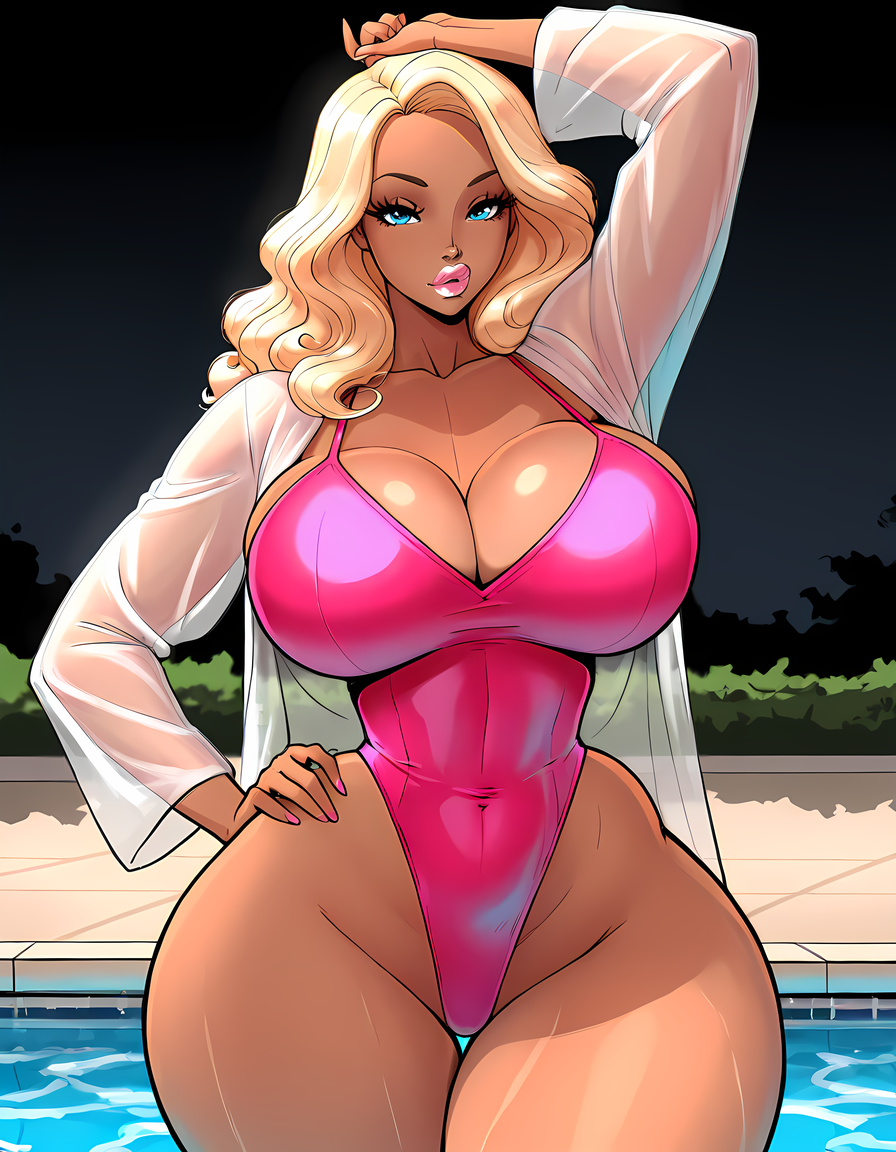 high quality, score_9, score_8_up, source_7_up, very aesthetic, high resolution, newest, depth of field, volumetric lighting, (masterpiece, best quality, ultra-detailed, High detailed), beautiful faces, more detail XL, absurdres,masterpiece,best quality,amazing quality, masterpiece,best quality,amazing quality, 8k, 
BREAK  <lora:style_hhammerh_r2:0.9> style_hhammerh, 1girl, solo, long hair, breasts, looking at viewer, blue eyes, simple background, blonde hair, thighs, arm up, leotard, see-through, lips, hand on own hip, highleg, thigh gap, black background, curly hair, pink leotard, dark skin, dark-skinned female, detailed background, outdoors, pool