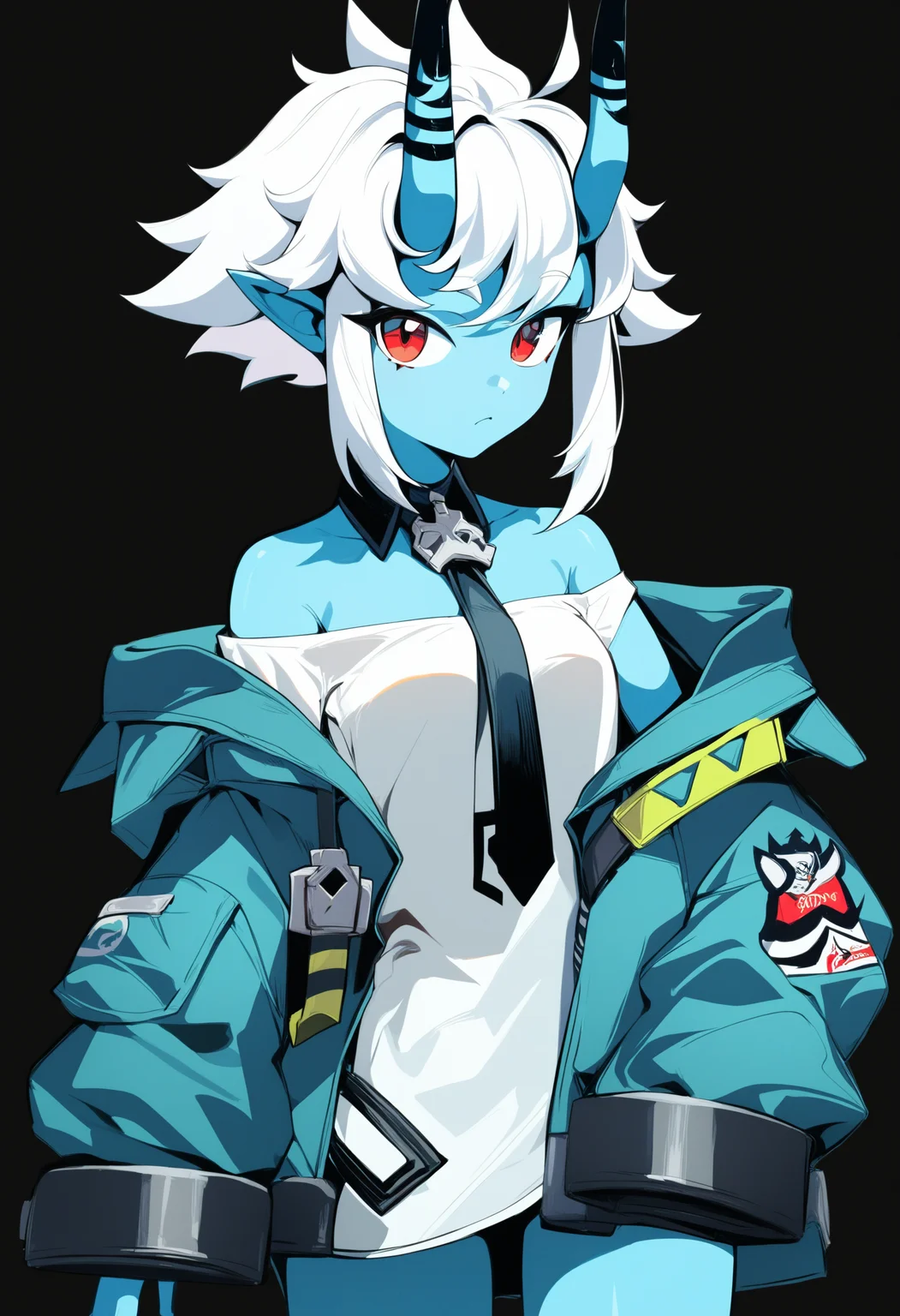 soukaku \(zenless zone zero\), blue oni, black horns, horn markings, skin-covered horns, colored skin, 1girl, solo, white hair, off shoulder, open jacket, red eyes, pointy ears, short hair, looking at viewer, black necktie, blue skin, oni girl, oni, white shirt, black miniskirt,
black background, atmospheric,
cowboy shot,
score_9, score_8_up, score_7_up, score_6_up, source_anime, masterpiece, best quality, very aesthetic
<lora:monmusu_superlora_v1:1>