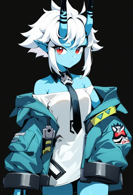 soukaku \(zenless zone zero\), blue oni, black horns, horn markings, skin-covered horns, colored skin, 1girl, solo, white hair, off shoulder, open jacket, red eyes, pointy ears, short hair, looking at viewer, black necktie, blue skin, oni girl, oni, white shirt, black miniskirt,
black background, atmospheric,
cowboy shot,
score_9, score_8_up, score_7_up, score_6_up, source_anime, masterpiece, best quality, very aesthetic
<lora:monmusu_superlora_v1:1>