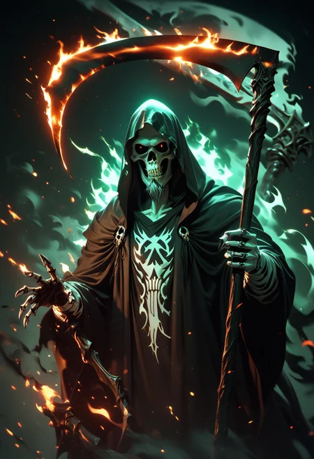 score_9,score_8_up,score_7_up, 2males. Grim Reaper, grim reaper, large scythe, burning scythe, dark magic, arcane energy, looming shadows, fire