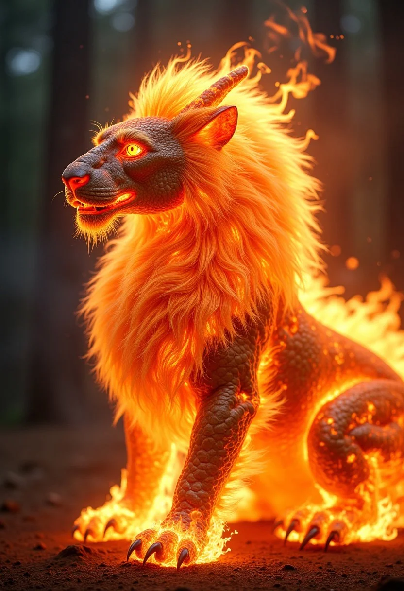 beautiful aesthetic, intricate, a dragonic lion made of fire, covered in fire, magical aura, fantasy art, peaceful, high fantasy style, mysterious, celestial light, ethereal, painterly, epic, majestic, magical, fantasy art, cover art, sparkling glass, dramatic lighting