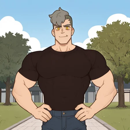 w0lfc0nf, 1 boy, Damao, gray hair, golden eyes, muscular, broad shoulders, posing, smiling, single fang, looking at viewer, black shirt, tight shirt, jeans, masculine, masculine features, undercut, muscular male, sunny day, clouds, outdoor background, korean street background, tree on background, masterpiece, perfect quality, best quality, anime style, detailed, cool composition, newest, very aesthetic, detailed