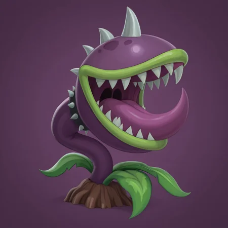 Chomper: A dark purple plant creature with a disproportionately large head, a giant mouth with sharp teeth, thick green lips, and a green stem.
Chomper sucking a Dick