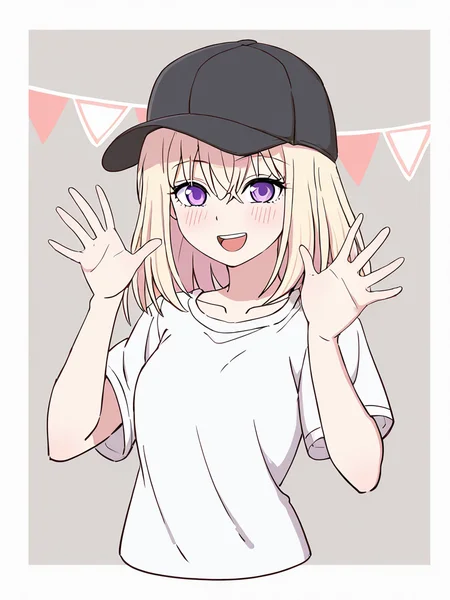 masterpiece,best quality,amazing quality,very aesthetic,absurdres,<lora:misumi_uika_ill_sdxl:1>,pennant, upper_body, grey_background, baseball_cap, white_shirt, blush, misumi_uika, cropped_torso, white_border, short_sleeves, :d, open_mouth, looking_at_viewer, 1girl, upper_teeth_only, hands_up, string_of_flags, small_breasts, black_hat, solo, collarboneï¼white background,