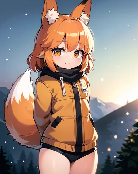 masterpiece, best quality, ultra-detailed, illustration, epic lighting, cinematic composition, colorful, 1girl, looking at viewer, :3, blush, arms behind back, cute, petite, fox girl, fox ears, large ears, fox tail, large tail, animal ear fluff, fluffy, orange hair, jacket, outdoors, cottage, winter, snow, pine trees, mountains, sunny, cowboy shot, (extremely detailed CG:1.2), (8k:1.1)