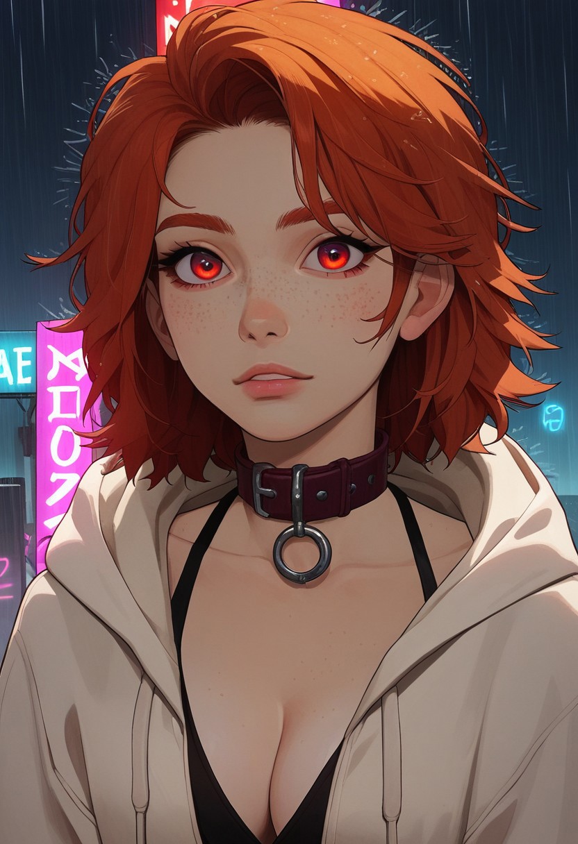score_9, score_8_up, score_7_up, source_anime, solo, 1girl, 21 year old, detailed face, jawline, collarbone, collar, lustful eyes, smooth skin, freckles, beautiful eyes, choker, red eyes, redhead, straight combed hair, plunging neckline, straight hair, hoodie, neon background, raining, moonlight, close up, bob, cleavage,