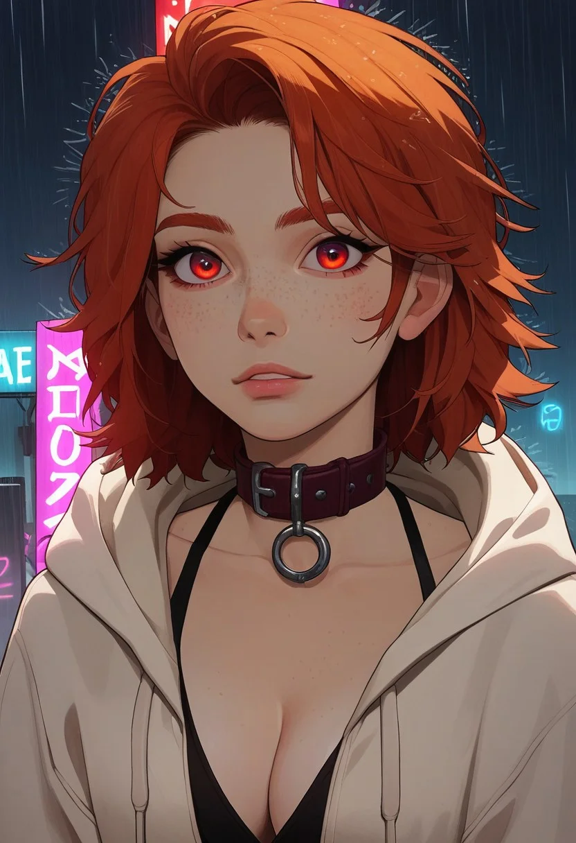 score_9, score_8_up, score_7_up, source_anime, solo, 1girl, 21 year old, detailed face, jawline, collarbone, collar, lustful eyes, smooth skin, freckles, beautiful eyes, choker, red eyes, redhead, straight combed hair, plunging neckline, straight hair, hoodie, neon background, raining, moonlight, close up, bob, cleavage,