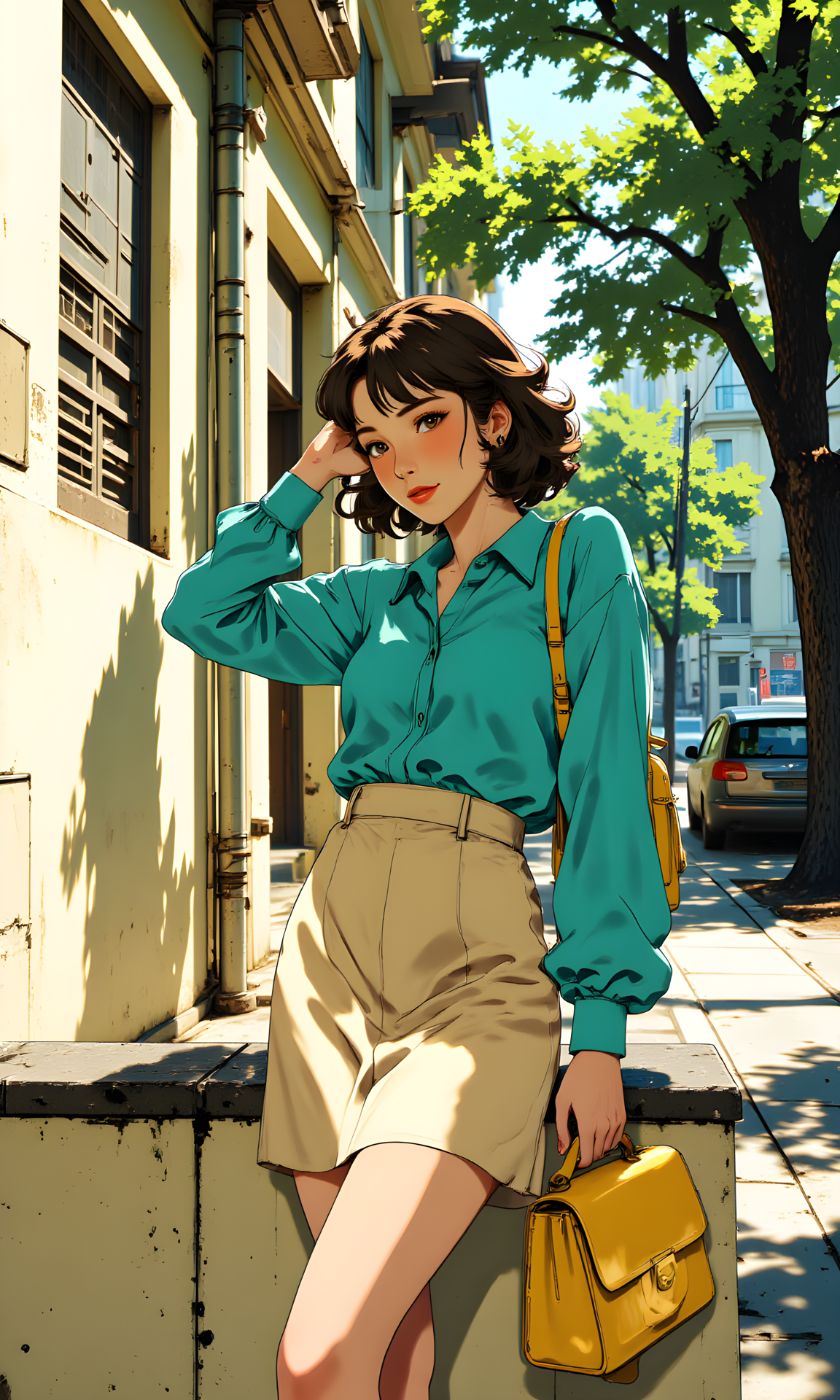 This image captures a stylish and elegant scene featuring a woman posing on a street. The camera is positioned at a low angle, looking up at the subject, which creates a sense of height and perspective. The angle also emphasizes the expanse of the street and the surrounding environment.
The lighting in the image is bright and natural, likely from sunlight coming through the trees. The light type appears to be natural daylight, which creates a warm and inviting atmosphere. The light direction is from above, casting shadows that highlight the contours of her face and the texture of her clothing.
The woman is leaning against a wall, with one hand resting on her head and the other holding a yellow bag. Her expression is confident and poised, adding to the overall sense of style and elegance. She is wearing a turquoise blouse paired with a beige skirt, which adds a pop of color to the scene. Her hair is styled loosely around her shoulders, adding a touch of softness to the overall look.
The background features a building with shutters and a tree, suggesting an urban or suburban setting. The colors and textures in the background complement the subject's outfit, creating a harmonious and visually appealing composition.
The overall mood of the image is one of confidence and fashion-forwardness, capturing a moment of everyday style in a beautiful outdoor setting. The combination of the woman's pose, the bright lighting, and the classic architecture creates a visually stunning and memorable photograph.
j_art, j_anime, UNI_SCI_FI_CORE, <lora:FLUX\UNI_FI_NoCAP:0.7>, <lora:FLUX\jul\J_Anime:0.7>, <lora:FLUX\RealAnime:0.7>