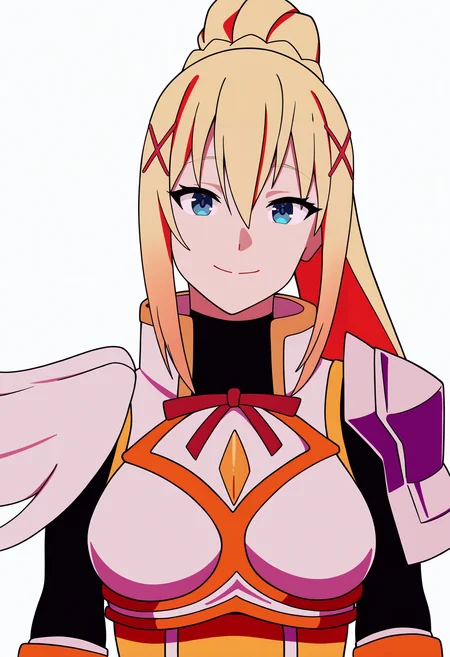 best quality, amazing quality, very aesthetic, absurdres,
1girl, darkness \(konosuba\), blonde hair, braid, ponytail, long hair, blue eyes, hair between eyes, x hair ornament,
armor, armored dress, bodysuit, shoulder armor,
upper body, smile, solo, looking at viewer, simple background, white background <lora:DarknessKonosubaIllustriousXL_byKonan:1>