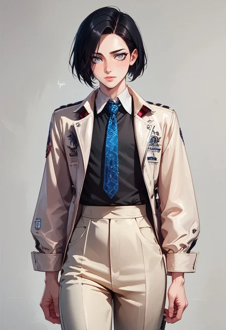 score_9, score_8_up, score_7_up, 1boy, femboy, otoko no ko, short hair, bob cut hair, black hair, grey eyes, gray eyes, feminine face, toned body, Shelly, 1930s fashion style, vintage, collared shirt, jacket, tie, pants, formal, highly detailed, intricate, zzCitronCAT, pose, modelshoot
