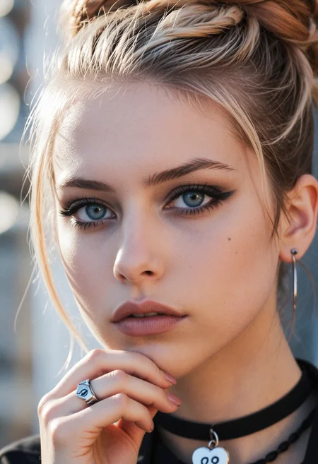 Art portrait picture portraying slim croatian female, 21yo, with almond-shaped blue eyes and heart-shaped lips with a daydreaming look on her face. She has a wild auburn updo hairstyle with dark roots and edgy makeup combining white hues and edgy eyeliner accentuated by lipgloss, in combination with a locket necklace and stud earrings. Set on a futuristic temple visit, on a sunny winter afternoon. With harsh backlighting, cinematic, bokeh, very aesthetic   <lora:dmd2_sdxl_4step_lora>
