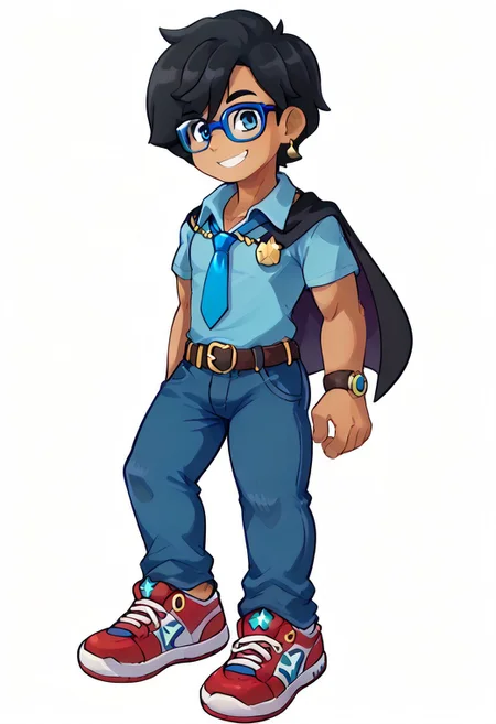 curtis pendragon, dark skin, gray big eyes, black hair, blue glasses, fluffy hair, solo, 1boy, male focus, black hair, glasses, belt, jeans, pants, shoes, sneakers, denim, jewelry, full body, shirt, smile, white background, necklace, dark skin, simple background, t-shirt, blue eyes, informal, SOLO, 1BOY, thick outline, black outline, necktie, blue necktie, cape, earrings, short hair, sneakers,