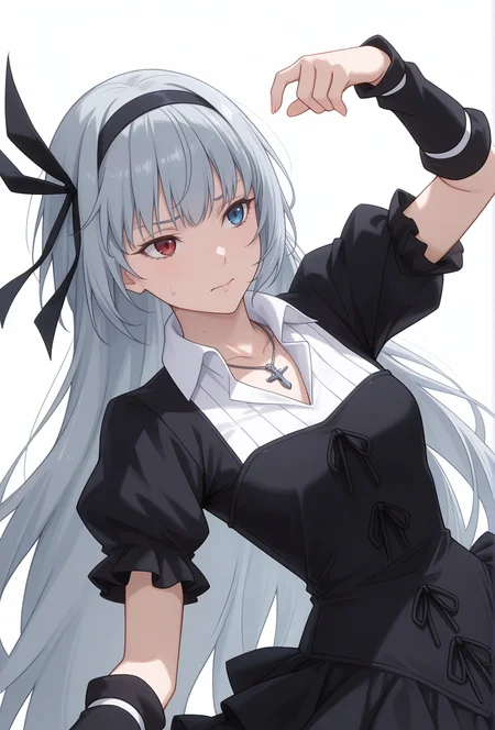Smooth Quality,masterpiece,very intricate, high quality details, ultra realistic, high detailed skin,detailed enviorement,absurdres,
simple background, white background,solo,
dutch angle,dancing, 
nervous,
 <lora:Valentine_CNR:0.8> valentine_cnr, 1girl, blue eyes, grey hair,red eyes,  heterochromia, blue eyes,very long hair,  valentine_def, black dress,gothic fashion, puffy sleeves, short sleeves, arm warmers, black hairband, cross necklace, hair ribbon, hairband,