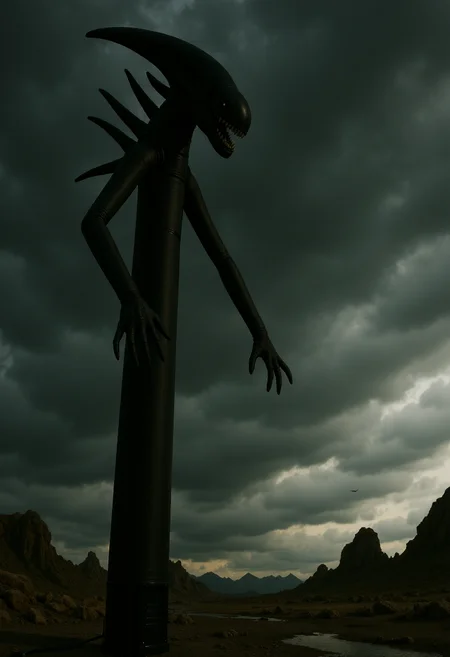 <lora:Wacky_Waving_Inflatable_Arm_Flux_Man-000009:1>
The image is a photograph of a very tall, inflatable black xenomorph with wavy arms standing in a scifi setting.