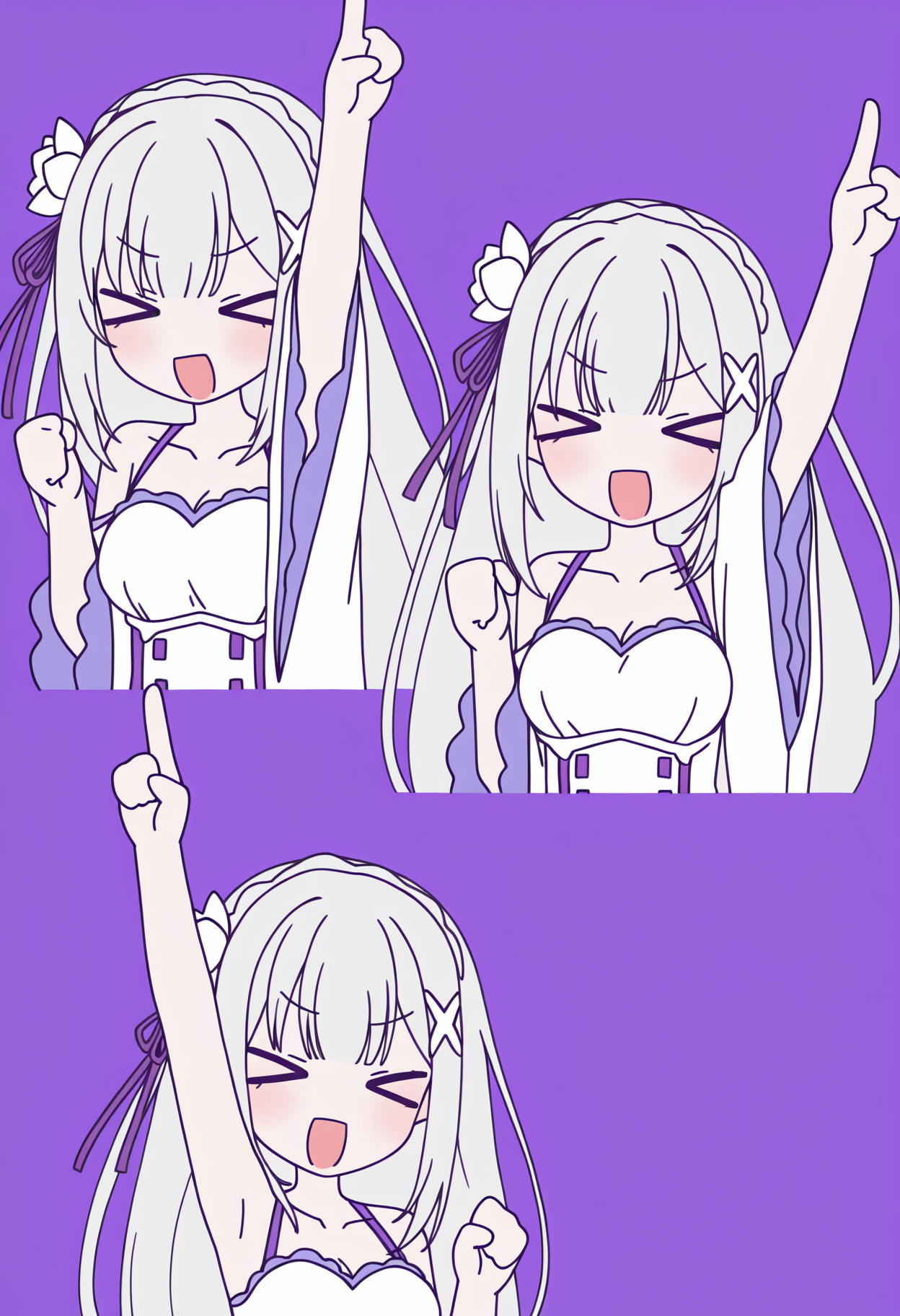 masterpiece, best quality, high resolution, source_anime, highly detailed illustration, detailed eyes,  
very aesthetic, absurdres, newest, amazing quality, 
<lora:shiRabbitHoleStyleConceptV1ill:1>, shirbtlestyle, shi3view, multiple views, 1girl, long hair, smile, open mouth, simple background, collarbone, upper body, closed eyes, :d, arm up, v-shaped eyebrows, > <, pointing, clenched hand, index finger raised, purple background, xd, pointing up,
<lora:shiEmiliaV12ill:0.8> shimilia, long hair, grey hair, pointy ears, crown braid, hair flower, hair ribbon, purple ribbon, x hair ornament, white dress, cleavage, bare shoulders, wide sleeves, white thighhighs, thigh boots,