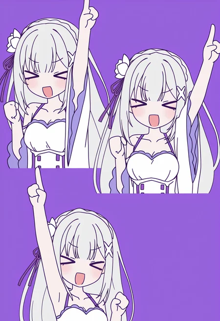 masterpiece, best quality, high resolution, source_anime, highly detailed illustration, detailed eyes,
very aesthetic, absurdres, newest, amazing quality,
<lora:shiRabbitHoleStyleConceptV1ill:1>, shirbtlestyle, shi3view, multiple views, 1girl, long hair, smile, open mouth, simple background, collarbone, upper body, closed eyes, :d, arm up, v-shaped eyebrows, > <, pointing, clenched hand, index finger raised, purple background, xd, pointing up,
<lora:shiEmiliaV12ill:0.8> shimilia, long hair, grey hair, pointy ears, crown braid, hair flower, hair ribbon, purple ribbon, x hair ornament, white dress, cleavage, bare shoulders, wide sleeves, white thighhighs, thigh boots,