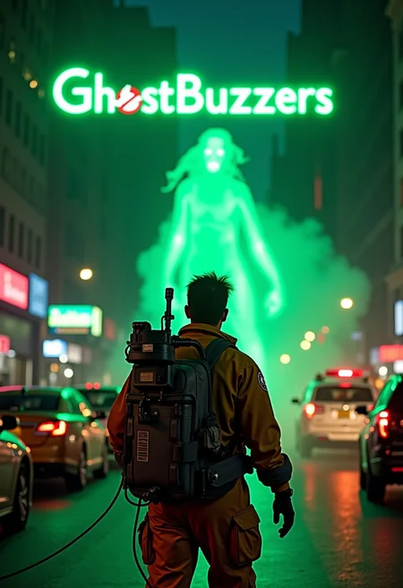 A man with a Ghostbusters suit trying to catch a green ghost with his proton pack and neutrona gun in the middle of new York city. It's nighttime and the mood and lightning is dramatic. In the top center of the image is a green glowing text that says "GhostBuzzters"